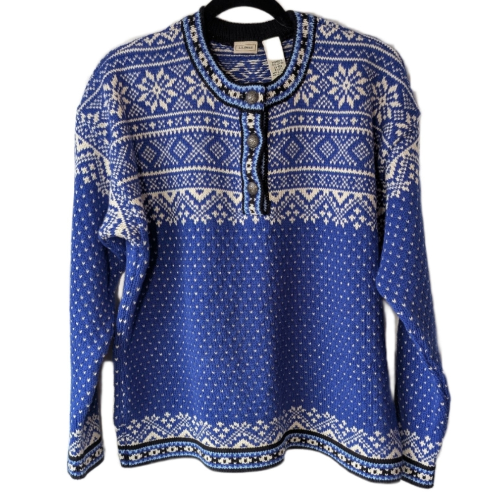 Vintage LL Bean Blue Fair Isle Knit Cotton Sweater Size L